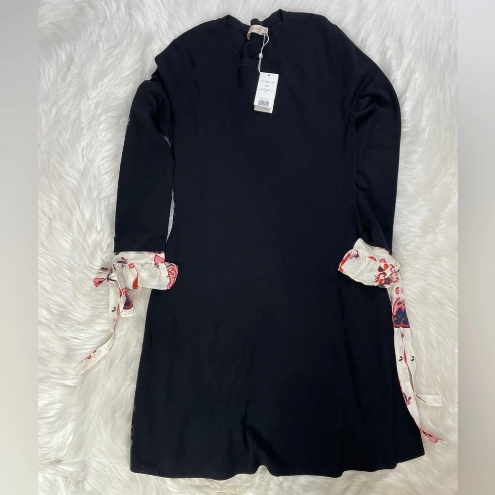 NWT Tory Burch Woven Cuff Long Sleeve Black Sweater Dress